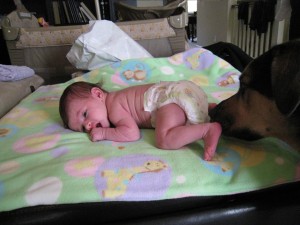 Bella checking to see if I need a diaper change!